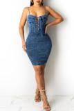 Deep Blue Fashion Sexy Solid Backless Spaghetti Strap Denim Dress