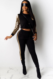 Black knit Sexy Patchwork Two Piece Suits Solid Straight Long Sleeve 