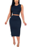 Navy Blue Fashion Casual adult Ma'am Patchwork Solid Two Piece Suits pencil Sleeveless Two Pieces