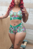 Green Fashion Print Vest Tops Shorts Sports Set