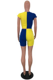 Blue Yellow Fashion Casual Patchwork Basic O Neck Short Sleeve Two Pieces