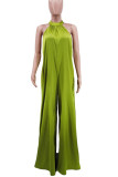 Blue Elegant Solid Patchwork Backless Halter Loose Jumpsuits