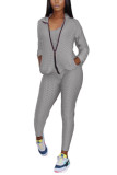 Grey Sexy Active Solid Three-Piece Suits Turndown Collar Long Sleeve Cap Sleeve Regular Two Pieces