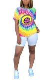 Blue White Blue Orange Yellow colour O Neck Short Sleeve Patchwork Print Character Tops