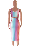 Yellow Sexy Fashion Tank Sleeveless O neck Step Skirt Mid-Calf hollow out Print Fluorescent hole backless