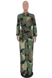 Blue Fashion Casual Button bandage Coloured drawing Camouflage Long Sleeve O Neck 