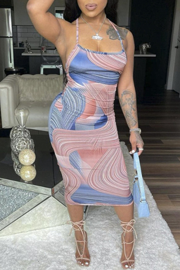 Light Blue Fashion Sexy Print Backless Spaghetti Strap Sleeveless Dress Dresses