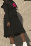 Black Fashion Sexy Cap Sleeve Long Sleeves O neck A-Line Knee-Length ruffle Patchwork Print Club Dresses
