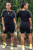 Black Fashion Casual adult Ma'am Patchwork Solid Two Piece Suits Straight Short Sleeve Two Pieces