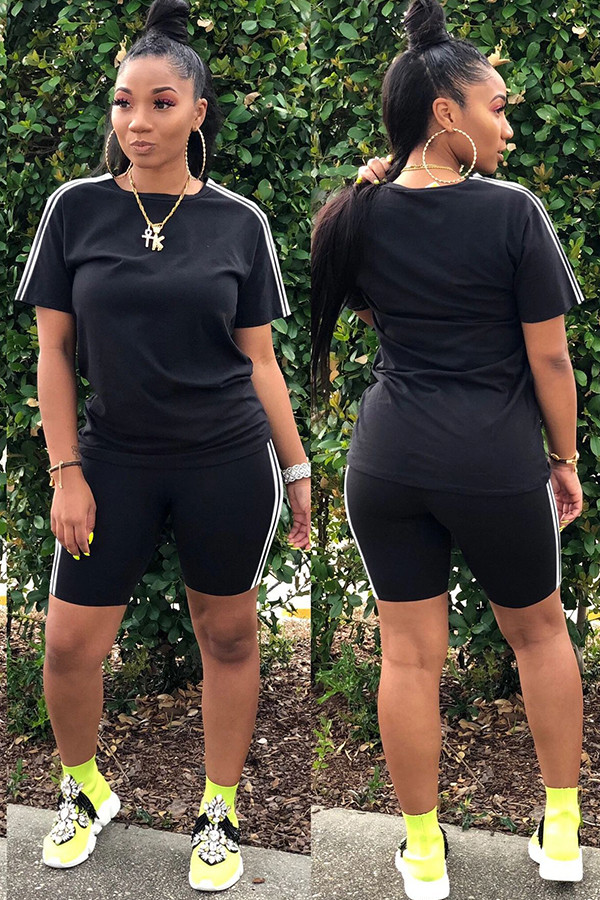 Black Fashion Casual adult Ma'am Patchwork Solid Two Piece Suits Straight Short Sleeve Two Pieces