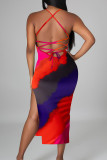 Orange Sexy Print Patchwork Frenulum Slit Spaghetti Strap Pencil Skirt Dresses