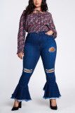 Dark Blue Sexy Solid Ripped Plus Size 