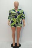 Green Fashion zipper Print Long Sleeve Mandarin Collar Rompers
