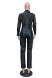 Black Sexy Fashion Pocket Asymmetrical Solid PU Long Sleeve V Neck Jumpsuits