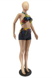 White Fashion Sexy Print Backless Strap Design Halter Sleeveless Two Pieces