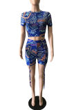 Blue Casual Print Draw String Turtleneck Short Sleeve Two Pieces