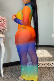 Rainbow Color Sexy Print Patchwork Half A Turtleneck Pencil Skirt Dresses