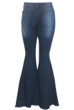 Dark Blue Denim Button Fly Sleeveless High Hole Solid washing Patchwork Boot Cut Pants 