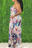 Colorful Blue Sexy Print Patchwork Spaghetti Strap Straight Dresses