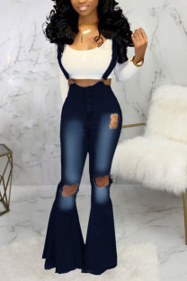 Dark Blue Light Blue Dark Blue Denim Bib pants Sleeveless High Patchwork Solid Hole Boot Cut Pants Bottoms