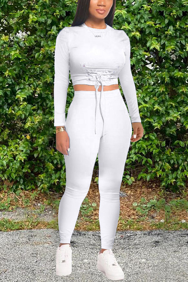 White Casual Solid Straight Long Sleeve Two Pieces