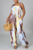 Brown Sexy Casual Print Tie Dye Strap Design Spaghetti Strap Regular Jumpsuits
