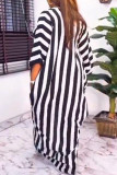 Black Street Striped Print Patchwork Slit V Neck Irregular Dress Plus Size Dresses