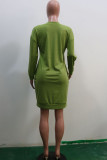 Khaki Sexy Cap Sleeve Long Sleeves V Neck Swagger Knee-Length Solid Long Sleeve Dresses