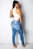 Blue Denim Button Fly Sleeveless High Hole Patchwork Pocket washing Solid pencil Pants 