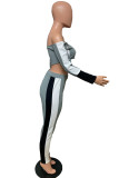 Grey Sexy England Patchwork Solid Straight Long Sleeve Two Pieces