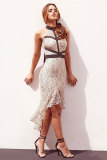 Pink Fashion Off The Shoulder Sleeveless O neck Mermaid Mid-Calf asymmetrical Patchwork lace 