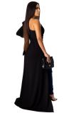 Black One Shoulder Collar Long Sleeve Solid Draped asymmetrical