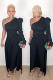 Black One Shoulder Collar Long Sleeve Solid Draped asymmetrical