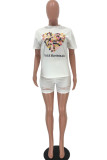 White Sexy Twilled Satin Print Ripped O Neck Short Sleeve Regular Sleeve Regular Two Pieces