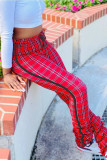Red Fashion Casual Plaid Print Regular Mid Waist Trousers
