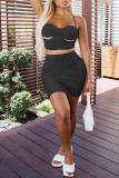 Black Fashion Sexy Solid Backless Spaghetti Strap Sleeveless Two Pieces