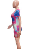 Multicolor Fashion Casual Print Basic O Neck Short Sleeve Two Pieces