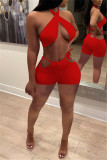 Red Fashion Sexy Solid Hollowed Out Backless Halter Sleeveless Two Pieces