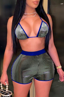 Blue Sexy Street Patchwork Draw String Swimwears