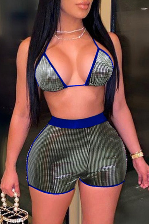 Blue Sexy Street Patchwork Draw String Swimwears
