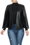 Black PU O Neck Long Sleeve Solid Long Sleeve Tops