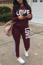 Wine Red Casual Striped Patchwork Solid pencil Long Sleeve Two Pieces