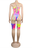 Pink Fashion Sexy Print Tie Dye Patchwork Backless Swimwears