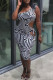 Black Fashion Sexy Print Hollowed Out One Shoulder Sleeveless Dress