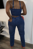 Blue Sexy Embroidery Embroidered Make Old Patchwork Backless Spaghetti Strap Sleeveless Spaghetti Strap Short Two Pieces