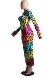Green Street Print Leopard O Neck Long Sleeve Two Pieces