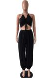 Black Fashion Sexy Solid bandage Backless Slip Jumpsuits