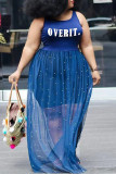 Blue Sexy Letter Pearl Mesh Spaghetti Strap Lantern Skirt Plus Size Dresses