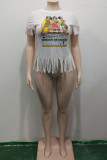 White Fashion Casual O Neck Letter Patchwork Print Character tassel Stitching Plus Size