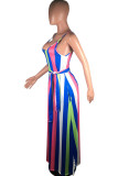 Blue Fashion Street White Blue Orange Yellow Light Blue Dark Blue Spaghetti Strap Sleeveless Slip Swagger Floor-Length Striped Print Dresses